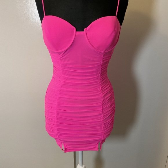 19. Privy Hot Pink Mini Spaghetti Straps Ruched Bodycon Dress Size Medium - Picture 3 of 5
